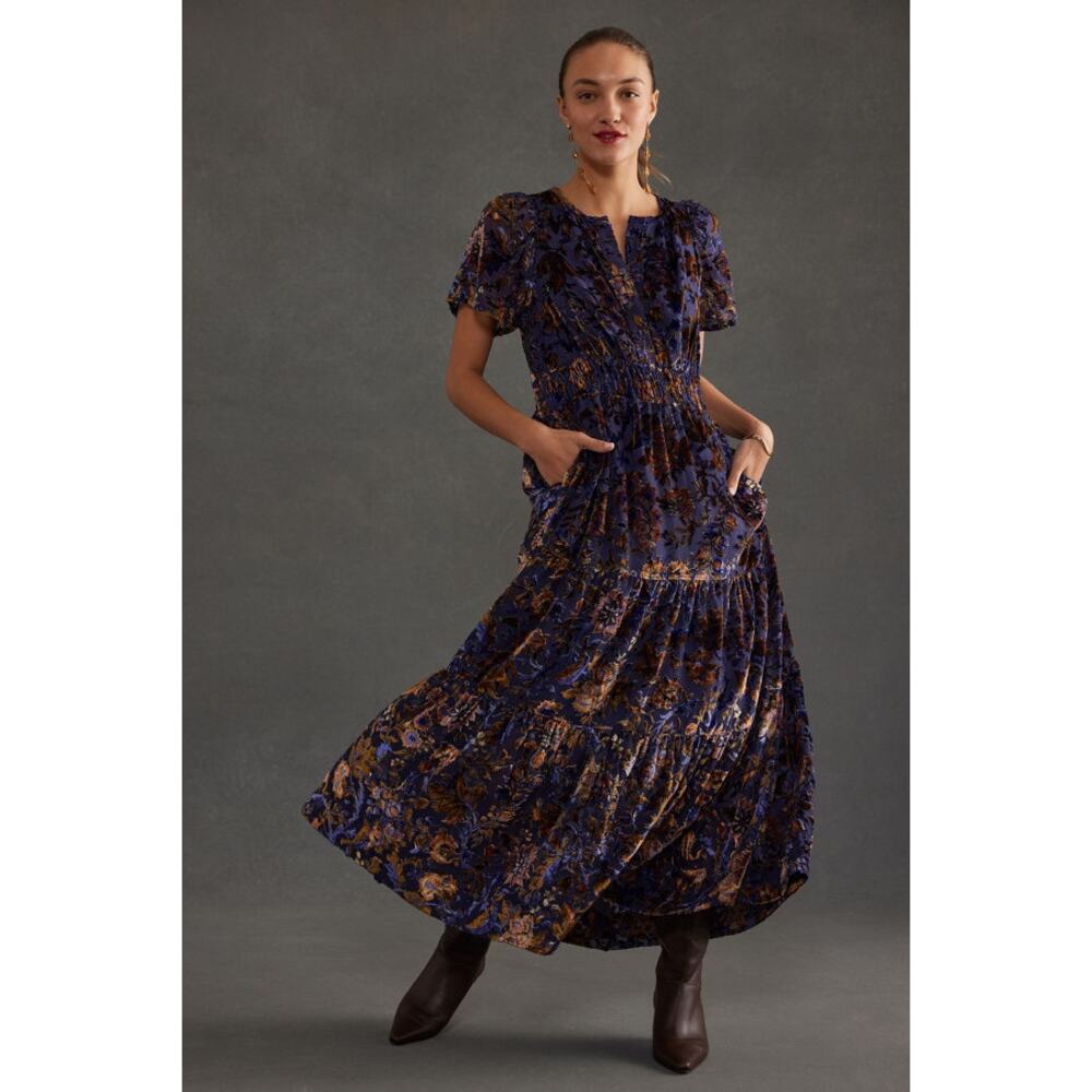 Anthropologie Blue and Brown Maxi Dress